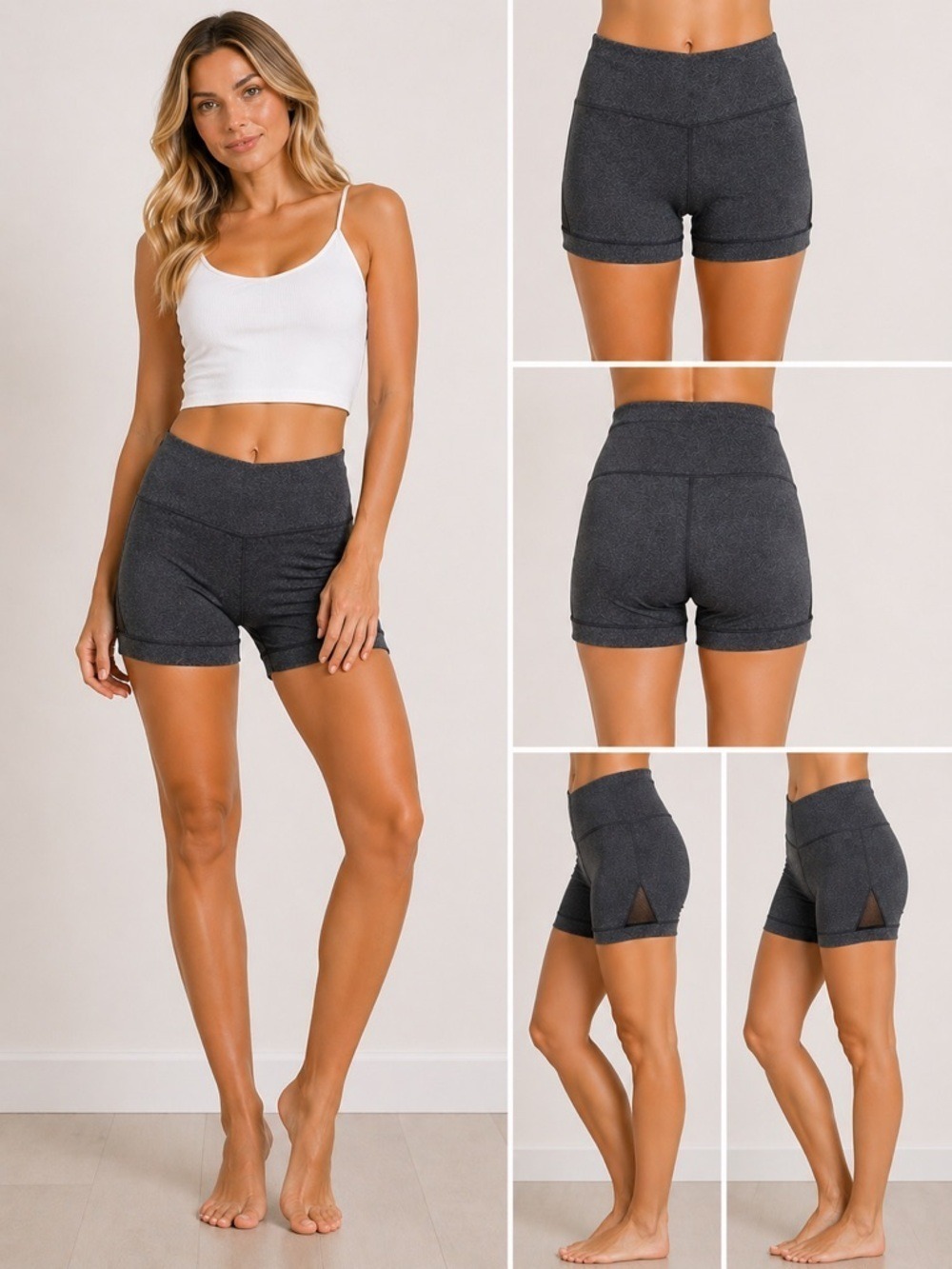 Karma Athletics Charcoal Gray High-Waisted Womens Mesh Panel slimming Shorts Med